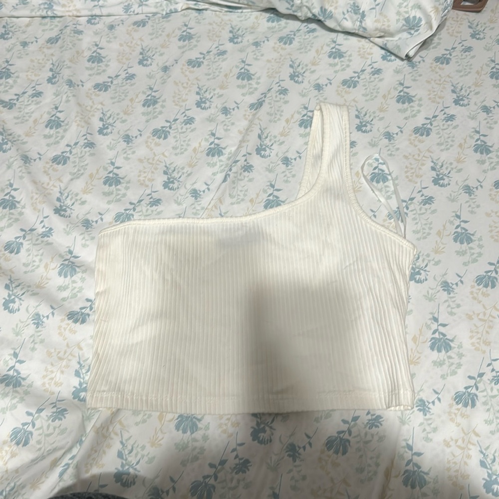 SHEIN one shoulder ribbed knit crop top white